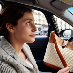 **Image of Parisian traffic with a woman in a car, relieved to find a madeleine in her bag.**