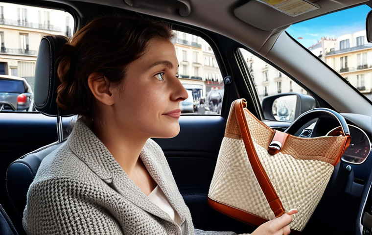**Image of Parisian traffic with a woman in a car, relieved to find a madeleine in her bag.**