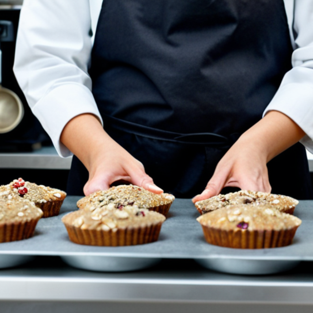 **

A French pastry chef in a clean, professional kitchen, fully clothed in a chef's uniform, preparing a batch of muffins with alternative flours like chestnut and buckwheat. She's adding goji berries and chia seeds. Ingredients are displayed in an organized fashion. Focus on the natural light, displaying the texture of the ingredients. safe for work, appropriate content, fully clothed, professional, perfect anatomy, correct proportions, natural pose, well-formed hands, proper finger count, natural body proportions, high quality photography.

**