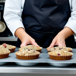 **

A French pastry chef in a clean, professional kitchen, fully clothed in a chef's uniform, preparing a batch of muffins with alternative flours like chestnut and buckwheat. She's adding goji berries and chia seeds. Ingredients are displayed in an organized fashion. Focus on the natural light, displaying the texture of the ingredients. safe for work, appropriate content, fully clothed, professional, perfect anatomy, correct proportions, natural pose, well-formed hands, proper finger count, natural body proportions, high quality photography.

**