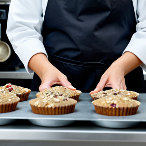 Home 7 **
A French pastry chef in a clean, professional kitchen, fully clothed in a chef's uniform, preparing a batch of muffins with alternative flours like chestnut and buckwheat. She's adding goji berries and chia seeds. Ingredients are displayed in an organized fashion. Focus on the natural light, displaying the texture of the ingredients. safe for work, appropriate content, fully clothed, professional, perfect anatomy, correct proportions, natural pose, well-formed hands, proper finger count, natural body proportions, high quality photography.
**