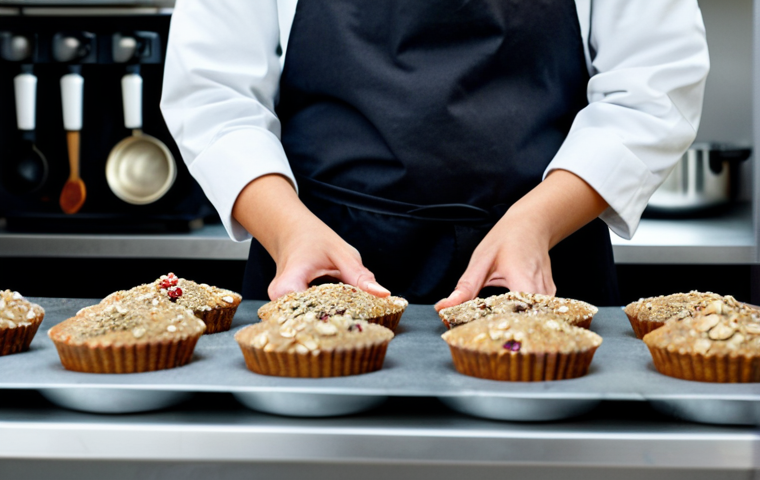 **
A French pastry chef in a clean, professional kitchen, fully clothed in a chef's uniform, preparing a batch of muffins with alternative flours like chestnut and buckwheat. She's adding goji berries and chia seeds. Ingredients are displayed in an organized fashion. Focus on the natural light, displaying the texture of the ingredients. safe for work, appropriate content, fully clothed, professional, perfect anatomy, correct proportions, natural pose, well-formed hands, proper finger count, natural body proportions, high quality photography.
**