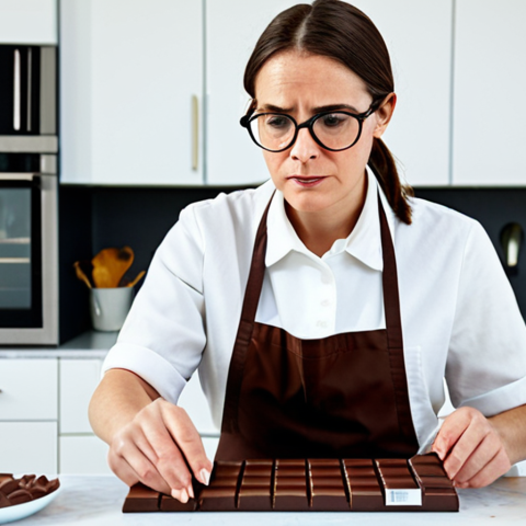 제로칼로리 초콜릿 - Examining Chocolate Ingredients**
A woman in a brightly lit kitchen, wearing a modest apron and gla...