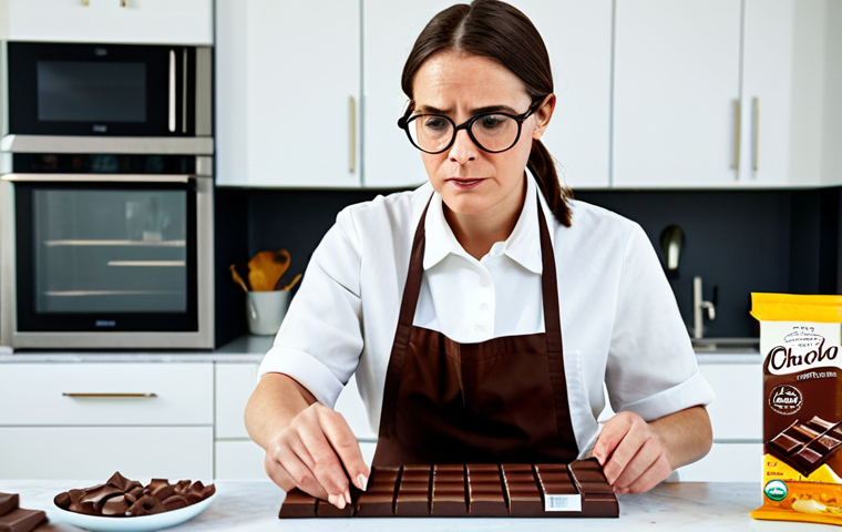 제로칼로리 초콜릿 - Examining Chocolate Ingredients**
A woman in a brightly lit kitchen, wearing a modest apron and gla...