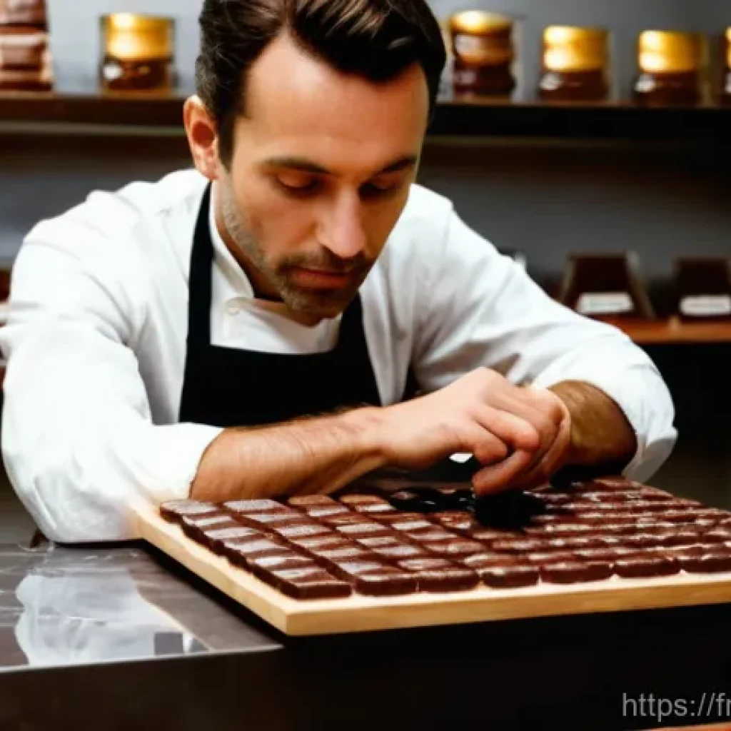 초콜릿 제과 브랜드별 리뷰 - **Prompt**: "A close-up, high-definition photograph of a skilled French chocolatier, an adult male o...