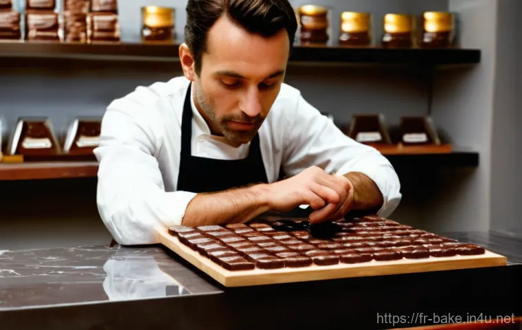 초콜릿 제과 브랜드별 리뷰 - **Prompt**: "A close-up, high-definition photograph of a skilled French chocolatier, an adult male o...