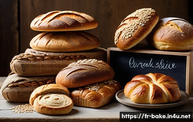 식이섬유가 풍부한 제과 제품 - A rustic French bakery scene showcasing a variety of whole grain pastries and breads, including whol...