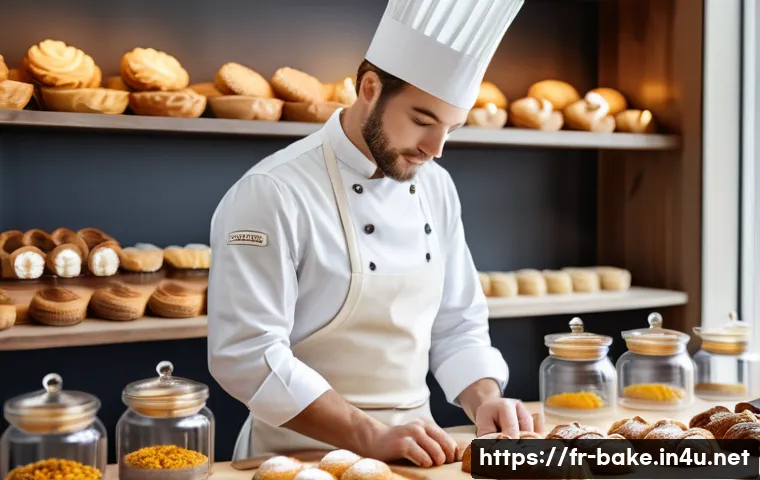 고급 제과 제품 품질 보증 - A luxurious French pastry shop interior scene showcasing artisanal craftsmanship: a skilled pastry c...