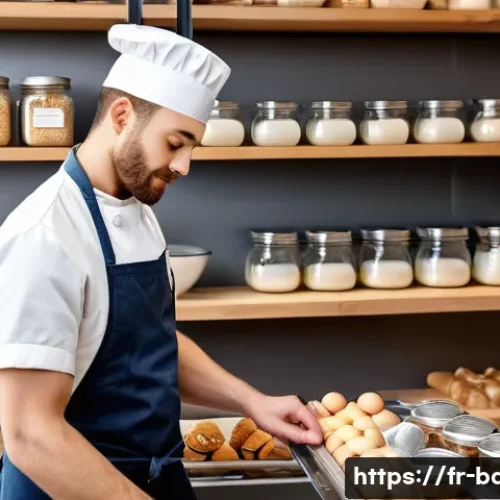 Home 31 제과 품질 보증 제도 - A bright, modern artisanal bakery kitchen scene showcasing a skilled pastry chef selecting premium l...
