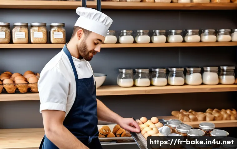 제과 품질 보증 제도 - A bright, modern artisanal bakery kitchen scene showcasing a skilled pastry chef selecting premium l...