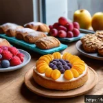 Home 18 비건 제과 제품 - A vibrant vegan bakery kitchen scene showcasing a variety of ethical and delicious plant-based pastr...