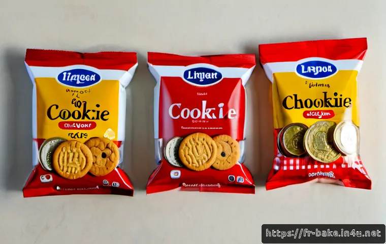 브랜드별 쿠키 가격대 - Photorealistic overhead flat lay of an affordable French supermarket cookie comparison, several unbr...