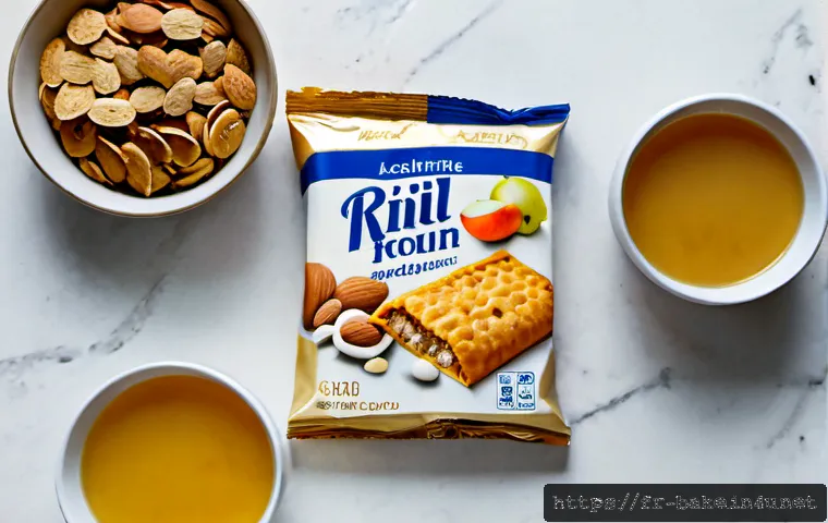 Home 17 포장된 제과 제품 영양소 - Photorealistic overhead view of assorted unbranded packaged French snack foods arranged neatly on a ...